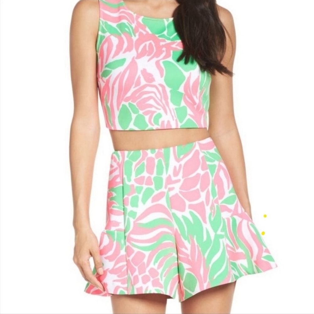 Pink and Green Patterned Crop Top and Skirt Set